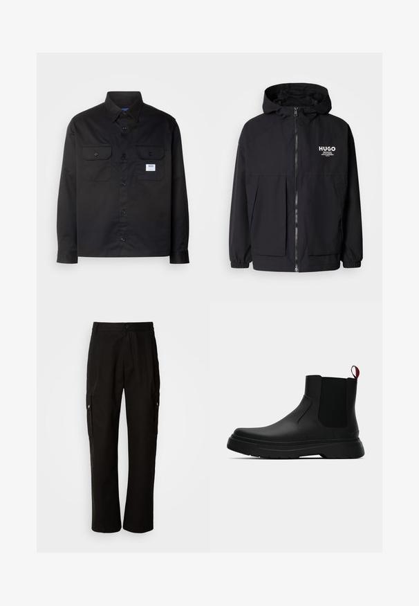 Jachetă neagră cu glugă, având un fermoar complet pe față, manșete elastice și două buzunare frontale. Logo imprimat pe partea stângă a pieptului. Textură netedă.; Cămașă neagră cu mânecă lungă din bumbac. Prezintă un design cu nasturi, două buzunare la piept și un mic etichetă cu logo pe buzunarul stâng.; Pantaloni cargo negri din bumbac, cu o croială lejeră, având buzunare laterale, închidere cu nasture și picioare drepte. Design simplu, fără modele.; Botine negre până la gleznă, cu un finisaj neted, panouri laterale elastice și un tab de prindere roșu contrastant, având o talpă groasă din cauciuc și vârf rotunjit.