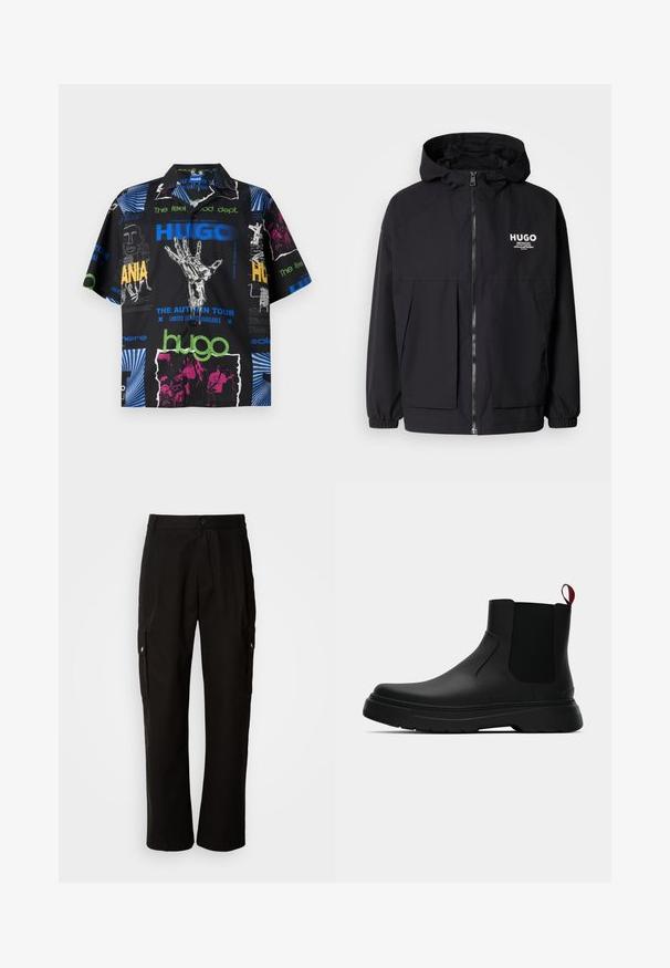 Czarna kurtka z kapturem z pełnym zamkiem z przodu, elastycznymi mankietami i podwójnymi kieszeniami z przodu. Drukowane logo na lewej piersi. Gładka faktura.; Koszula z krótkim rękawem wykonana z czarnej tkaniny z mieszanką graficznych nadruków w odcieniach niebieskiego, zielonego, różowego i białego, przedstawiających różne napisy i wzory.; Czarne spodnie cargo wykonane z bawełny, o luźnym kroju, z bocznymi kieszeniami, z zapięciem na guzik i prostymi nogawkami. Prosty design bez wzorów.; Czarny botek za kostkę o gładkim wykończeniu, z elastycznymi bocznymi panelami i kontrastującą czerwoną pętelką, z grubą gumową podeszwą i zaokrąglonym noskiem.