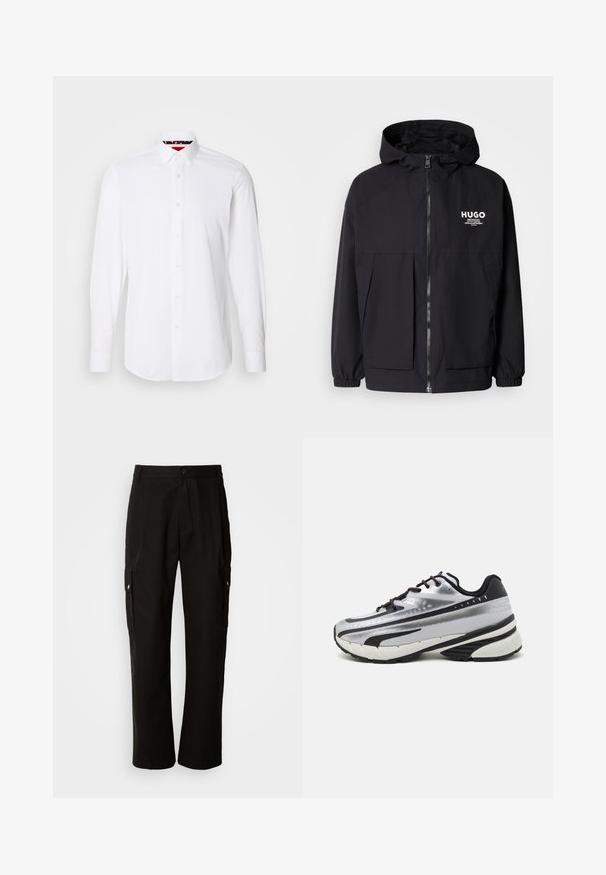 Giacca nera con cappuccio caratterizzata da una zip frontale completa, polsini elasticizzati e due tasche frontali. Logo stampato sul lato sinistro del petto. Texture liscia.; Camicia bianca a maniche lunghe con bottone realizzata in tessuto liscio, presenta un colletto classico, bottoni in perla e un dettaglio a contrasto sul colletto interno.; Pantaloni cargo neri in cotone con vestibilità comoda, dotati di tasche laterali, chiusura a bottone e gambe dritti. Design semplice senza motivi.; Scarpa da corsa con tomaia in rete argento, dettagli neri e suola bianca. Presenta un design testurizzato e lacci neri. Leggera e ammortizzata.