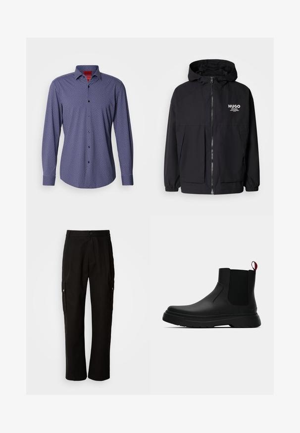 Zwarte hoodie-jack met een volledige rits aan de voorkant, elastische manchetten en twee voorzakken. Gedrukt logo op de linkerborst. Glad textuur.; Navyblauw overhemd met lange mouwen, witte stippen, button-down kraag en zwarte knopen. Soepele stof met een regular fit ontwerp.; Zwarte cargobroek van katoen met een relaxte pasvorm, voorzien van zijzakken, een knoopsluiting en rechte pijpen. Eenvoudig ontwerp zonder patronen.; Zwarte enkelboot met een gladde afwerking, elastische zijpanelen en een contrasterende rode treklus, met een dikke rubberen zool en een afgeronde teen.