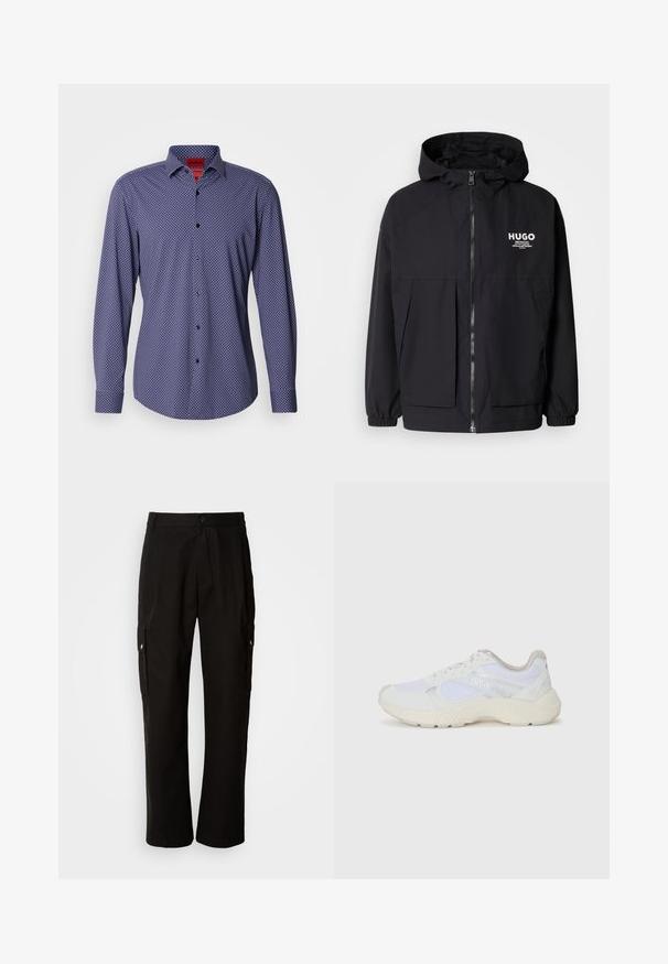 Zwarte hoodie-jack met een volledige rits aan de voorkant, elastische manchetten en twee voorzakken. Gedrukt logo op de linkerborst. Glad textuur.; Navyblauw overhemd met lange mouwen, witte stippen, button-down kraag en zwarte knopen. Soepele stof met een regular fit ontwerp.; Zwarte cargobroek van katoen met een relaxte pasvorm, voorzien van zijzakken, een knoopsluiting en rechte pijpen. Eenvoudig ontwerp zonder patronen.; Witte sportief schoenen van mesh en suede, met een gestructureerde tussenzool, gestructureerde accenten en het "HUGO" logo aan de zijkant.