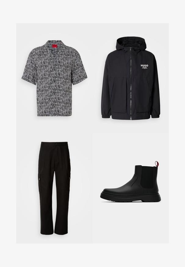 Zwarte hoodie-jack met een volledige rits aan de voorkant, elastische manchetten en twee voorzakken. Gedrukt logo op de linkerborst. Glad textuur.; Korte mouwen, zwart-wit gestippeld shirt met een camp collar en losse pasvorm. Heeft een geometrisch ontwerp en een rode HUGO-tag op de kraag.; Zwarte cargobroek van katoen met een relaxte pasvorm, voorzien van zijzakken, een knoopsluiting en rechte pijpen. Eenvoudig ontwerp zonder patronen.; Zwarte enkelboot met een gladde afwerking, elastische zijpanelen en een contrasterende rode treklus, met een dikke rubberen zool en een afgeronde teen.