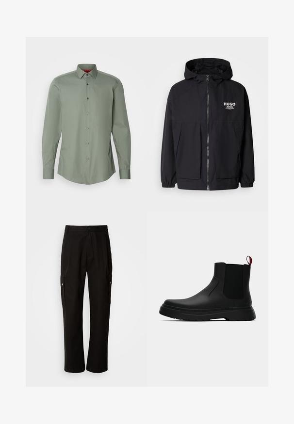 Schwarze Kapuzenjacke mit einem durchgehenden Reißverschluss an der Vorderseite, elastischen Bündchen und zwei vorderen Taschen. Bedrucktes Logo auf der linken Brust. Glatte Textur.; Langärmliges Hemd in gedämpftem Grün, aus leichtem Stoff. Mit Button-down-Kragen, grauen Knöpfen und abgerundetem Saum.; Schwarze Cargo-Hosen aus Baumwolle mit lockerem Schnitt, seitlichen Taschen, Knopfverschluss und geradem Bein. Einfaches Design ohne Muster.; Schwarze Knöchelstiefel mit glatter Oberfläche, elastischen Seitenpaneelen und einem kontrastierenden roten Zuglasche, ausgestattet mit einer dicken Gummisohle und einer runden Zehenpartie.