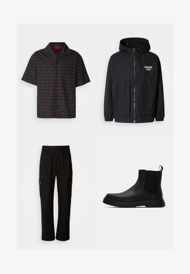 Černá kapucňová bunda s plným předním zipem, elastickými manžetami a dvojitými předními kapsami. Tištěné logo na levém prsu. Hladká textura.; Košile s krátkým rukávem ve tmavém materiálu s opakovaným vzorem "HUGO", s límečkem, černými knoflíky a červenou značkovou etiketou uvnitř límce.; Černé cargo kalhoty vyrobené z bavlny s uvolněným střihem, vybavené bočními kapsami, zapínáním na knoflík a rovnými nohavicemi. Jednoduchý design bez vzorů.; Černé kotníkové boty s hladkým povrchem, elastickými bočními panely a kontrastním červeným poutkem, s tlustou gumovou podrážkou a zaoblenou špičkou.