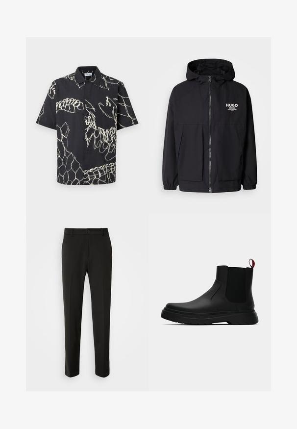 Mustat hupparitakki, jossa on täysipituinen vetoketju, joustavat hihansuut ja kaksinkertaiset etupussit. Vasemmassa rinnassa painettu logo. Sileä tekstuuri.; Musta lyhythihainen nappipaita, jossa on valkoisia abstrakteja viivakuvioita ja rintatasku, yksivärisellä taustalla.; Mustat housut, jotka on valmistettu sileästä kankaasta, suoriin lahkeisiin, nappikiinnitykseen ja klassiseen muotoiluun, sopivat muodollisiin tai vapaa-ajan asuihin.; Musta nilkkuri, jossa on sileä pinta, elastiset sivupaneelit ja erottuva punainen vetonauha, paksu kumipohja ja pyöristetty varvas.