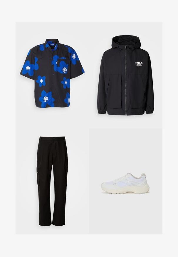 Zwarte hoodie-jack met een volledige rits aan de voorkant, elastische manchetten en twee voorzakken. Gedrukt logo op de linkerborst. Glad textuur.; HUGO ELIGINO - Overhemd - black; Zwarte cargobroek van katoen met een relaxte pasvorm, voorzien van zijzakken, een knoopsluiting en rechte pijpen. Eenvoudig ontwerp zonder patronen.; Witte sportief schoenen van mesh en suede, met een gestructureerde tussenzool, gestructureerde accenten en het "HUGO" logo aan de zijkant.