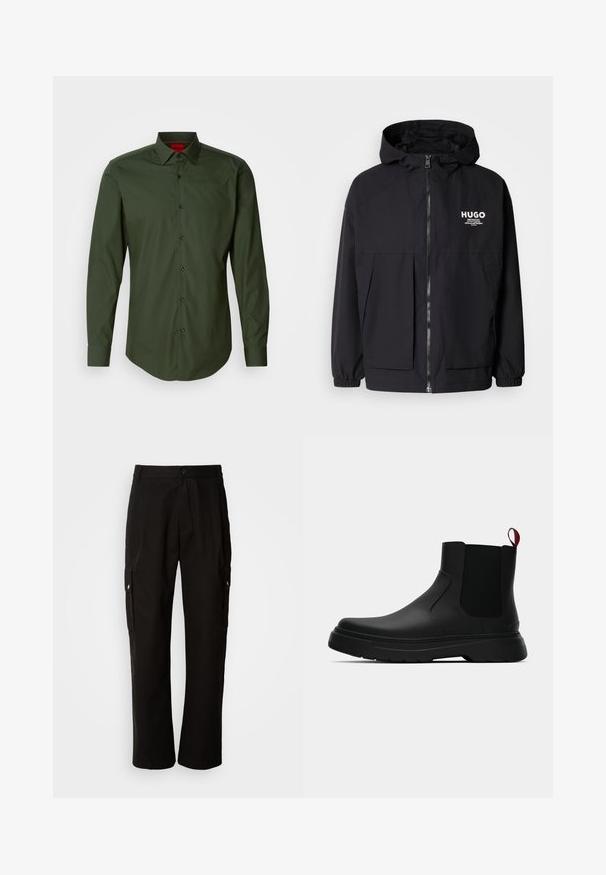 Czarna kurtka z kapturem z pełnym zamkiem z przodu, elastycznymi mankietami i podwójnymi kieszeniami z przodu. Drukowane logo na lewej piersi. Gładka faktura.; Ciemnozielona koszula z długim rękawem, wykonana z gładkiej bawełny, z klasycznym kołnierzykiem, czarnymi guzikami i zaokrąglonym dołem. Czerwone logo marki na kołnierzyku.; Czarne spodnie cargo wykonane z bawełny, o luźnym kroju, z bocznymi kieszeniami, z zapięciem na guzik i prostymi nogawkami. Prosty design bez wzorów.; Czarny botek za kostkę o gładkim wykończeniu, z elastycznymi bocznymi panelami i kontrastującą czerwoną pętelką, z grubą gumową podeszwą i zaokrąglonym noskiem.