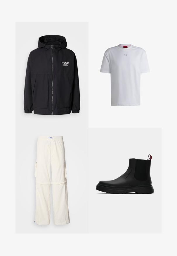 Black hooded jacket featuring a full front zip, elastic cuffs, and dual front pockets. Printed logo on the left chest. Smooth texture.; White cotton t-shirt with short sleeves, round neckline, and a black "HUGO" logo on the chest. Smooth texture, casual fit, no patterns.; White cargo pants with an elastic waistband and blue drawstring, featuring side pockets and a relaxed fit, made from lightweight fabric.; Black ankle boot with a smooth finish, elastic side panels, and a contrasting red pull tab, featuring a thick rubber sole and rounded toe.