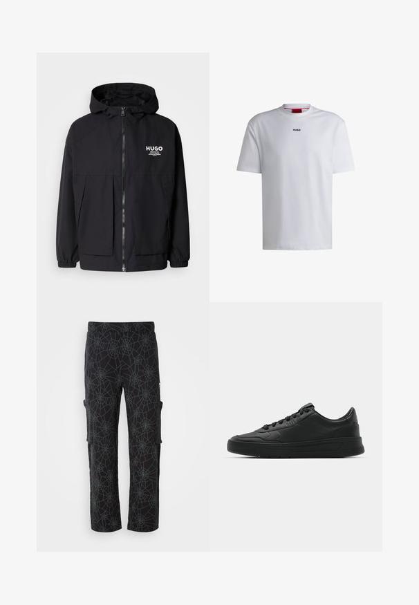 Schwarze Kapuzenjacke mit einem durchgehenden Reißverschluss an der Vorderseite, elastischen Bündchen und zwei vorderen Taschen. Bedrucktes Logo auf der linken Brust. Glatte Textur.; Weißes Baumwoll-T-Shirt mit kurzen Ärmeln, rundem Halsausschnitt und einem schwarzen "HUGO"-Logo auf der Brust. Glatte Textur, lässige Passform, kein Muster.; Cargo-Hosen aus schwarzem Stoff mit einem dunkelgrauen Spinnennetzmuster; verfügen über Seitentaschen und eine lockere Passform mit geradem Bein.; Schwarze Sneaker mit glattem Lederobermaterial, runder Zehenpartie, flachen Schnürsenkeln, gepolstertem Kragen und minimalistischem Design. Gummisohle mit subtiler Profilierung.