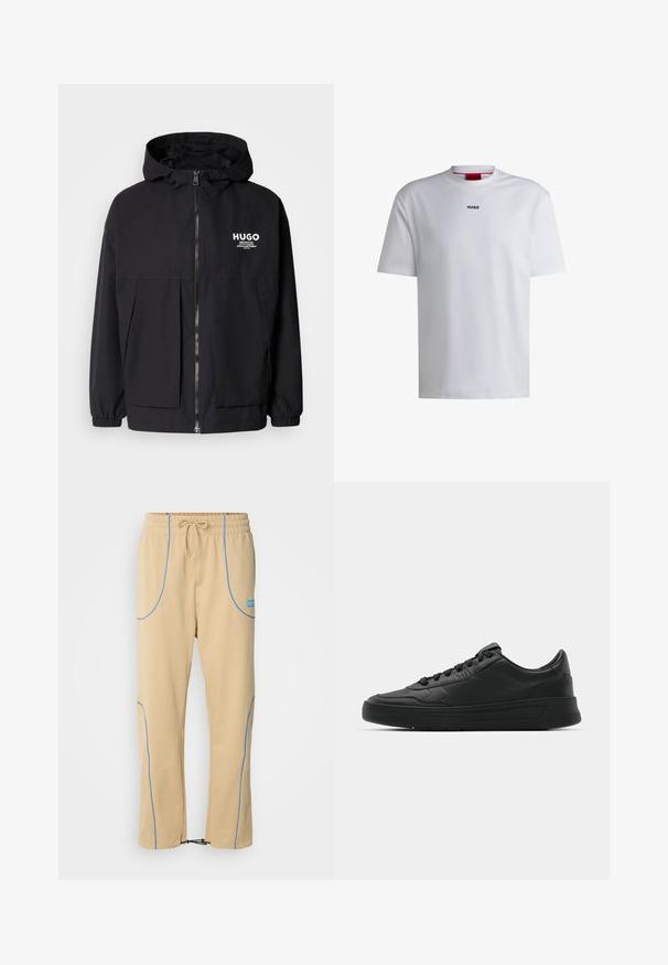 Zwarte hoodie-jack met een volledige rits aan de voorkant, elastische manchetten en twee voorzakken. Gedrukt logo op de linkerborst. Glad textuur.; Witte katoenen t-shirt met korte mouwen, ronde halslijn en een zwart "HUGO" logo op de borst. Gladde textuur, casual pasvorm, geen patronen.; HUGO NIPIPEPANT - Trainingsbroek - medium beige; Zwarte sneaker met een glad leren bovenwerk, ronde neus, platte veters, gewatteerde kraag en minimalistisch design. Rubberen zool met een subtiel profiel.