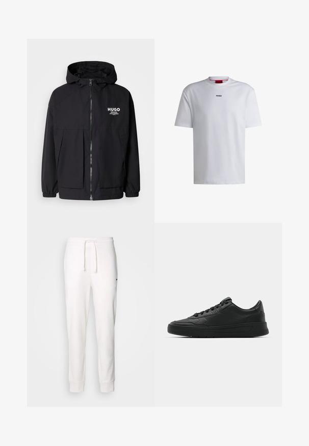 Svart huva jacka med full dragkedja fram, elastiska ärmslut och dubbla framfickor. Tryckt logotyp på vänster bröst. Slät textur.; Vit bomull t-shirt med kort ärm, rund halsringning och en svart "HUGO"-logotyp på bröstet. Slät textur, avslappnad passform, inga mönster.; Vita bomullssweatpants med elastisk midja, dragsko och ribbade muddar. Har en liten svart logotyp på sidan.; Svart sneaker med slät läderöverkänsla, rund tå, platta snören, vadderad krage och minimalistisk design. Gummisula med subtilt mönster.