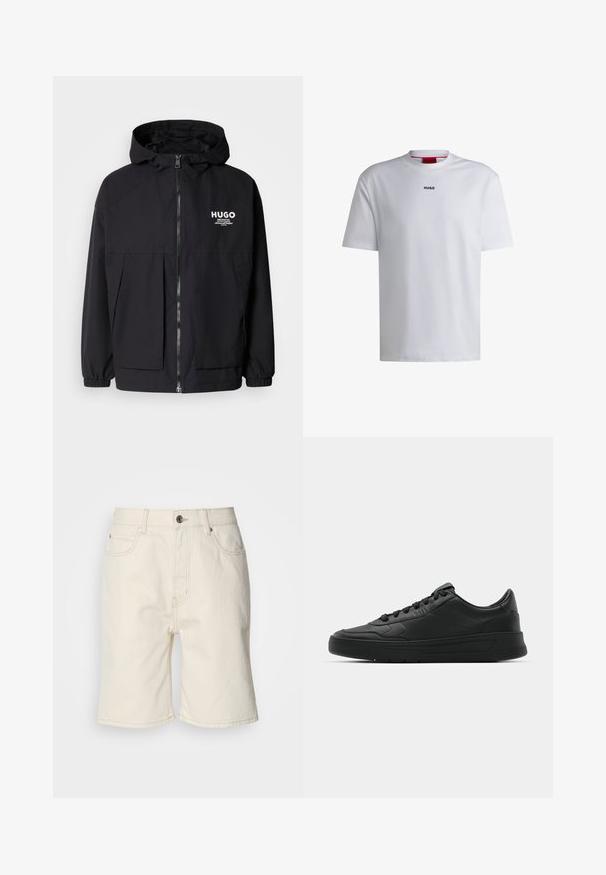 Veste à capuche noire avec zip frontal complet, poignets élastiques et poches avant doubles. Logo imprimé sur la poitrine gauche. Texture lisse.; T-shirt en coton blanc à manches courtes, col rond et avec un logo "HUGO" noir sur la poitrine. Texture lisse, coupe décontractée, sans motifs.; Shorts en denim beige avec une coupe droite, cinq poches et une fermeture par bouton à l'avant. Tissu légèrement texturé avec des coutures visibles.; Baskets noires avec tige en cuir lisse, bout rond, lacets plats, col rembourré et design minimaliste. Semelle en caoutchouc avec un motif de traction subtil.