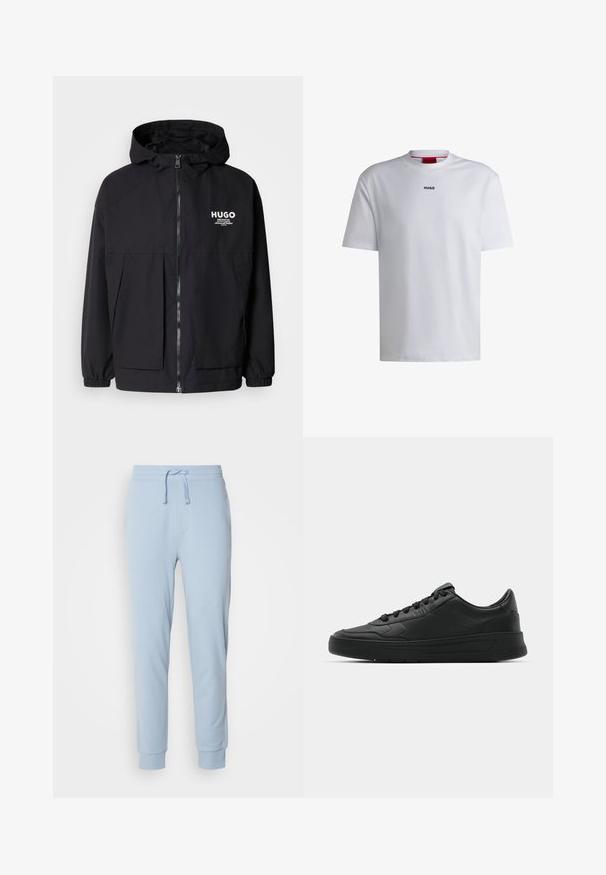 Juodas gobtuvas striukė su pilnu priekiniu užtrauktuku, elastinėmis rankovėmis ir dviem priekinėmis kišenėmis. Spausdintas logo ant kairės krūtinės. Lygus tekstūruotas paviršius.; Balta medvilninė t-shirt su trumpomis rankovėmis, apvaliu iškirpimu ir juodu "HUGO" logotipu krūtinėje. Lygus paviršius, laisvas kirpimas, be raštų.; Šviesiai mėlynos sportinės kelnės iš minkštos medžiagos su elastingu liemeniu ir reguliuojama raišteliu. Suvarstyti galai užbaigia dizainą.; Juodi sportiniai batai su lygia odine viršutine dalimi, apvaliu pirštu, plokščiomis raišteliais, pagaminta su paminkštinta apykakle ir minimalizmo dizainu. Guma padais su subtilia protektoriaus raštu.