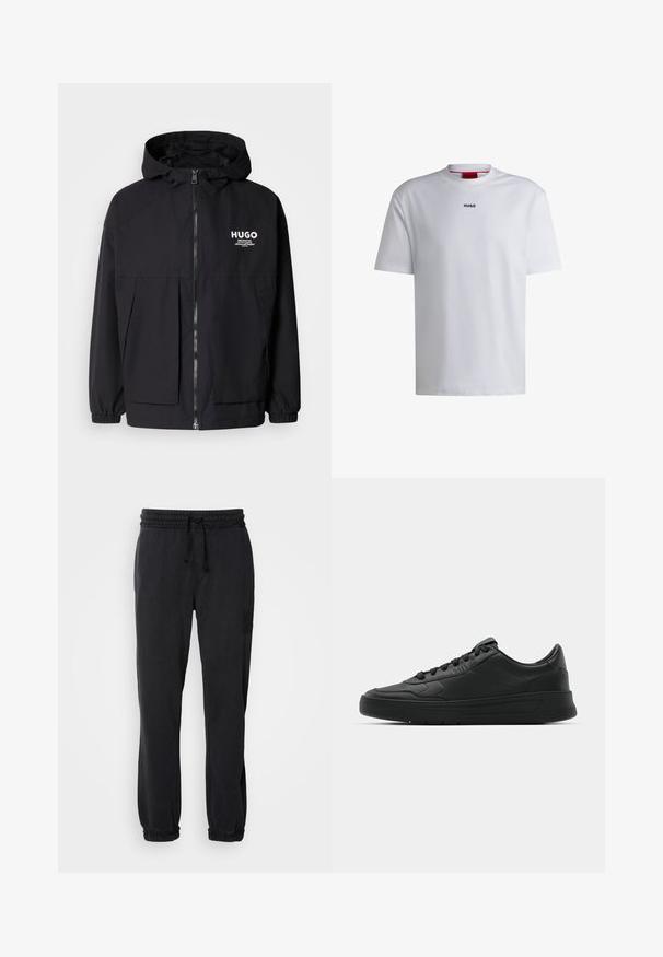 Črna kapuca jakna z full front zadrgo, elastičnimi manšetami in dvema sprednjima žepoma. Natisnjena logo na levi prsni strani. Gladka tekstura.; Bela bomba majica s kratkimi rokavi, okroglim izrezom in črnim logotipom "HUGO" na prsih. Gladka tekstura, sproščen kroj, brez vzorcev.; Črne trenirke z elastičnim pasom in vezalko. Zasukani robovi in subtilno izvezeno logotip na levi nogi. Mehka tekstura blaga.; Črne superge z gladkim usnjenim zgornjim delom, okroglo konico, ravnimi vezalkami, oblazinjeno ovratnikom in minimalističnim dizajnom. Gumijast podplat z diskretnim profilom.