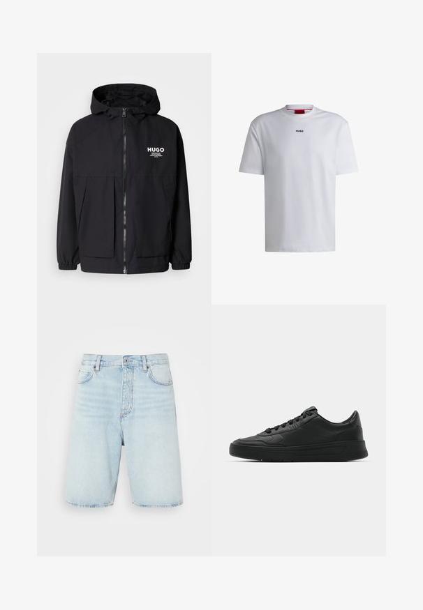Chaqueta negra con capucha que presenta un cierre frontal completo, puños elásticos y dos bolsillos frontales. Logo impreso en el lado izquierdo del pecho. Textura suave.; Camiseta de algodón blanca con mangas cortas, cuello redondo y un logo negro "HUGO" en el pecho. Textura suave, corte casual, sin estampados.; Shorts de mezclilla azul claro con una cintura alta, cierre de botón y estilo de cinco bolsillos. Presentan un desgaste sutil y un corte de pierna recta.; Zapatilla negra con parte superior de cuero liso, puntera redonda, cordones planos, cuello acolchado y diseño minimalista. Suela de goma con un patrón de relieve sutil.