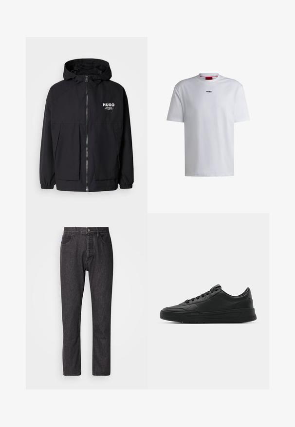 Veste à capuche noire avec zip frontal complet, poignets élastiques et poches avant doubles. Logo imprimé sur la poitrine gauche. Texture lisse.; T-shirt en coton blanc à manches courtes, col rond et avec un logo "HUGO" noir sur la poitrine. Texture lisse, coupe décontractée, sans motifs.; Jean en denim noir avec une coupe droite, cinq poches et une taille standard. Doté de coutures contrastées et d'une fermeture à bouton en métal.; Baskets noires avec tige en cuir lisse, bout rond, lacets plats, col rembourré et design minimaliste. Semelle en caoutchouc avec un motif de traction subtil.