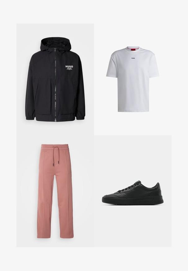 Svart hettegenser med full frontglidelås, elastiske mansjetter og doble frontlommer. Trykt logo på venstre bryst. Glatt tekstur.; Hvit bomulls T-skjorte med korte ermer, rund halsåpning, og en svart "HUGO" logo på brystet. Glatt tekstur, avslappet passform, uten mønstre.; HUGO DISHORTE - Joggebukse - light pastel pink; Sorte sneakers med glatt skinnøvre, rund tå, flate lisser, polstret krage og minimalistisk design. Gummisåle med subtilt mønster.