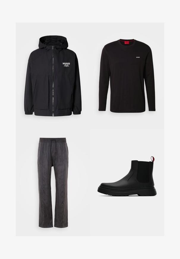 Crna kapuljača s punim prednjim zatvaračem, elastičnim rukavima i dvostrukim prednjim džepovima. Ispisani logo na lijevoj strani prsnog koša. Glatka tekstura.; Crna majica dugih rukava od pamuka, s okruglim izrezom i bijelim "HUGO" logom na prsima. Glatka tekstura, ležeran kroj.; Crne hlače od mekog materijala s glatkom teksturom, s elastičnim pojasom i vezicom, širokim nogavicama i bočnim šavovima.; Crni gležnjači s glatkom površinom, elastičnim bočnim panelima i kontrastnom crvenom vučnom petljom, s debelim gumenim potplatom i zaobljenim vrhom.