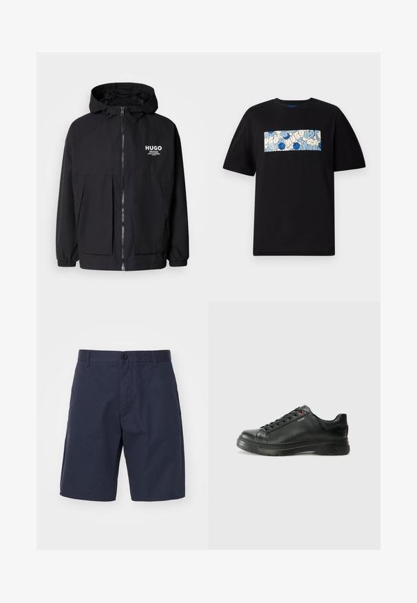 Sort hættejakke med lynlås foran, elastiske manchetter og to foran lommer. Trykt logo på venstre bryst. Glat tekstur.; Sort bomulds t-shirt med en rektangulær grafik i blå og creme med cirkulære mønstre og doodles, designet til en afslappet pasform.; Mørkeblå shorts lavet af letvægtsstof med knaplukning, sidelommer, lige snit og synlige stikninger.; Sorte lædersneakers med tekstureret overdel, polstret krave og rødt logo-detajle. Har en tyk gummisål med tydeligt mønster.