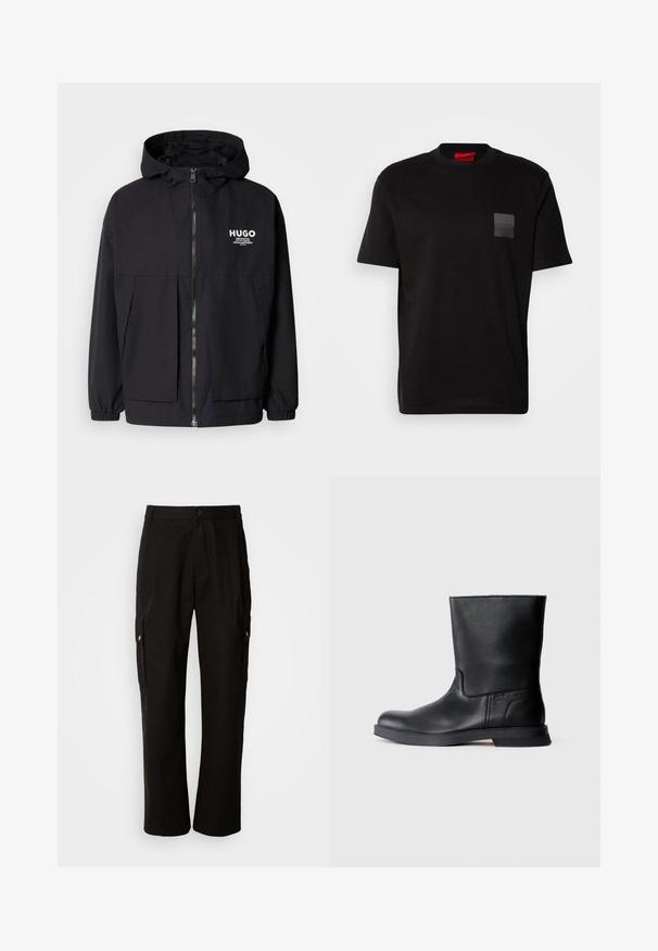 Mustat hupparitakki, jossa on täysipituinen vetoketju, joustavat hihansuut ja kaksinkertaiset etupussit. Vasemmassa rinnassa painettu logo. Sileä tekstuuri.; Mustan puuvillan T-paita, jossa on pyöreä kaula-aukko. Vasemmassa rinnassa on teksturoitu musta päällyste, jossa on logo. Lyhyet hihat ja rento istuvuus.; Mustat cargo-housut puuvillasta, joissa on rento istuvuus, sivutaskut, nappikiinnitys ja suorat lahkeet. Yksinkertainen muotoilu ilman kuvioita.; Mustan nahka-avokkaat, joissa on rakenteellinen pinta, pyöreä kärki ja matala kumipohja. Yksinkertainen muotoilu ilman näkyvää metalliosaa tai koristeita.