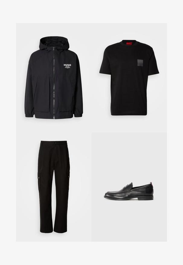 Melnā kapuce jaka ar pilnu priekšējo rāvējslēdzēju, elastīgām piedurknēm un divām priekšējām kabatām. Izdrukāts logo kreisajā krūtī. Gluda tekstūra.; Melnas kokvilnas T-kreklu ar apaļu kakla izgriezumu, ar strukturētu melnu uzšuvi ar logotipu kreisajā krūtī. Īsās piedurknes un brīvs piegriezums.; Melnas kokvilnas kravas bikses ar brīvu piegriezumu, ar sānu kabatām, pogu aizdari un taisnām kājām. Vienkāršs dizains bez rakstiem.; Melni ādas loafers ar noapaļotu pirkstu, izšūtiem akcentiem un nelielu sarkanu detaļu uz papēža. Zema profila gumijas zole.