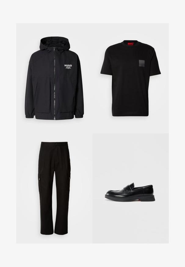 Juodas gobtuvas striukė su pilnu priekiniu užtrauktuku, elastinėmis rankovėmis ir dviem priekinėmis kišenėmis. Spausdintas logo ant kairės krūtinės. Lygus tekstūruotas paviršius.; Juodas medvilnės marškinėliai su apvalia iškirpte, su tekstūruotu juodu uždėklu su logotipu kairėje krūtinės pusėje. Trumpomis rankovėmis ir laisvu fasonu.; Juodos krovinių kelnės, pagamintos iš medvilnės, laisvo kirpimo, su šoninėmis kišenėmis, mygtuko uždarymu ir tiesiomis kojomis. Paprastas dizainas, be raštų.; Juodi odiniai loaferiai su lygiu paviršiumi, turintys iškilų priekinį skyrių ir kontrastingą raudoną akcentą ant pado. Lygus guminis padas.