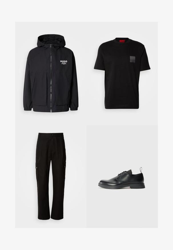 Mustat hupparitakki, jossa on täysipituinen vetoketju, joustavat hihansuut ja kaksinkertaiset etupussit. Vasemmassa rinnassa painettu logo. Sileä tekstuuri.; Mustan puuvillan T-paita, jossa on pyöreä kaula-aukko. Vasemmassa rinnassa on teksturoitu musta päällyste, jossa on logo. Lyhyet hihat ja rento istuvuus.; Mustat cargo-housut puuvillasta, joissa on rento istuvuus, sivutaskut, nappikiinnitys ja suorat lahkeet. Yksinkertainen muotoilu ilman kuvioita.; Mustat nahkaiset nauhakengät, joissa on sileä pinta, pyöreä varvas ja minimalistinen muotoilu. Varustettu huomaamattomalla kontrastivärillä varustetulla vetoketjulla ja kumipohjalla.