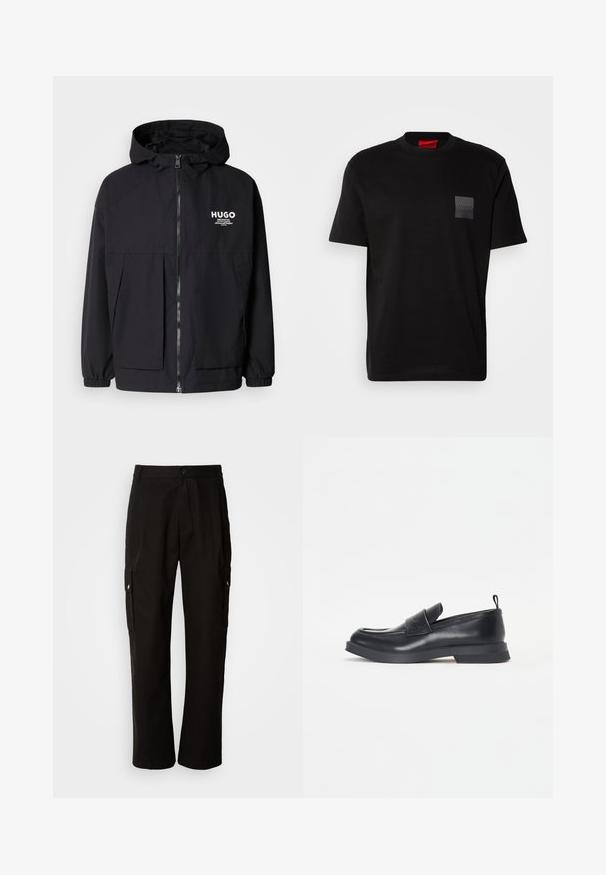 Melnā kapuce jaka ar pilnu priekšējo rāvējslēdzēju, elastīgām piedurknēm un divām priekšējām kabatām. Izdrukāts logo kreisajā krūtī. Gluda tekstūra.; Melnas kokvilnas T-kreklu ar apaļu kakla izgriezumu, ar strukturētu melnu uzšuvi ar logotipu kreisajā krūtī. Īsās piedurknes un brīvs piegriezums.; Melnas kokvilnas kravas bikses ar brīvu piegriezumu, ar sānu kabatām, pogu aizdari un taisnām kājām. Vienkāršs dizains bez rakstiem.; Melnas ādas loafers kurpes ar noapaļotu purngalu, priekšējo siksnu detaļu un zemu gumijas zoli. Iekļauj diskrētu šuvēm un aizmugurējo cilpu.