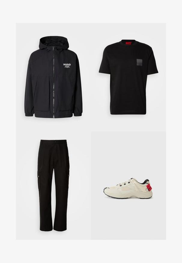 Sort hættejakke med lynlås foran, elastiske manchetter og to foran lommer. Trykt logo på venstre bryst. Glat tekstur.; Sort bomulds T-shirt med rund hals, prydet med en struktureret sort lap med logo på venstre bryst. Korte ærmer og afslappet pasform.; Sorte cargo bukser lavet af bomuld med en afslappet pasform, der har sidelommer, knaplukning og lige ben. Enkel design uden mønstre.; Beige sneakers med net- og læderpaneler, sort gummisål, snørelukning og røde detaljer på hælen med "Hugo" branding.
