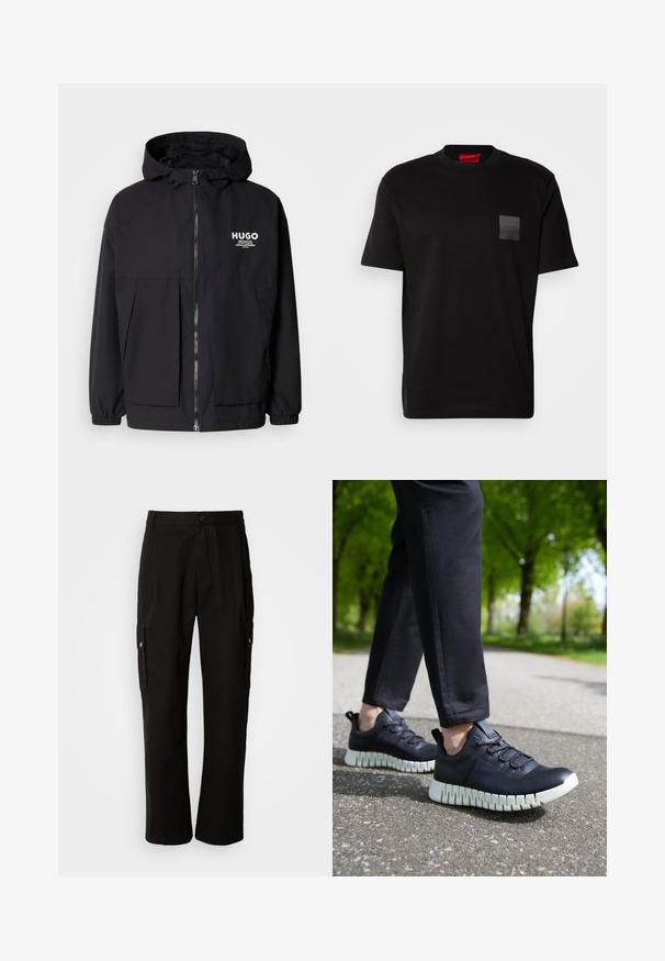 Černá kapucňová bunda s plným předním zipem, elastickými manžetami a dvojitými předními kapsami. Tištěné logo na levém prsu. Hladká textura.; Černé bavlněné tričko s kulatým výstřihem, na přední části s texturovaným černým nášivkem loga na levé hrudi. Krátké rukávy a volný střih.; Černé cargo kalhoty vyrobené z bavlny s uvolněným střihem, vybavené bočními kapsami, zapínáním na knoflík a rovnými nohavicemi. Jednoduchý design bez vzorů.; Černé kožené tenisky s texturovaným povrchem, vybavené robustní bílou podrážkou a elastickými tkaničkami, umístěné na šedé cestě a mezi zelenými stromy.