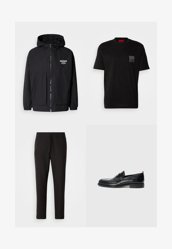 Chaqueta negra con capucha que presenta un cierre frontal completo, puños elásticos y dos bolsillos frontales. Logo impreso en el lado izquierdo del pecho. Textura suave.; Camiseta de algodón negra con cuello redondo, con un parche texturizado negro con el logo en el lado izquierdo del pecho. Mangas cortas y corte relajado.; Pantalones de chándal negros de tejido suave. Cuentan con una cintura elástica con cordón, piernas ajustadas y sin bolsillos visibles. Diseño sencillo.; Mocasines de cuero negro con un diseño elegante, punta redondeada, acento texturizado en la parte superior y suela de goma para mayor agarre. Incluye una lengüeta en la parte trasera.
