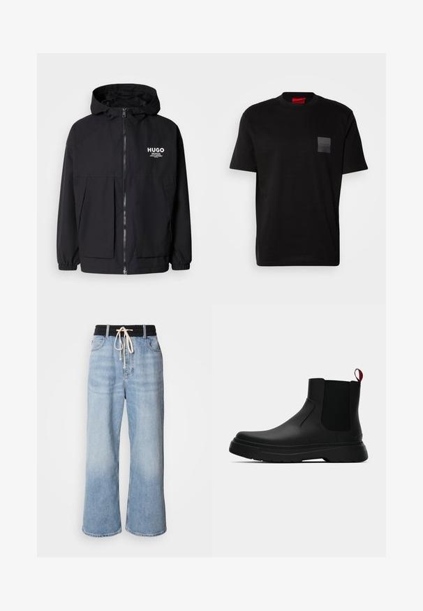 Schwarze Kapuzenjacke mit einem durchgehenden Reißverschluss an der Vorderseite, elastischen Bündchen und zwei vorderen Taschen. Bedrucktes Logo auf der linken Brust. Glatte Textur.; Schwarzes Baumwoll-T-Shirt mit Rundhalsausschnitt, versehen mit einem strukturierten schwarzen Patch mit Logo auf der linken Brust. Kurze Ärmel und entspannter Schnitt.; Hellblaue weite Jeans mit einem schwarzen elastischen Bund, ausgestattet mit einem Kordelzugverschluss und klassischem Fünf-Taschen-Design.; Schwarze Knöchelstiefel mit glatter Oberfläche, elastischen Seitenpaneelen und einem kontrastierenden roten Zuglasche, ausgestattet mit einer dicken Gummisohle und einer runden Zehenpartie.