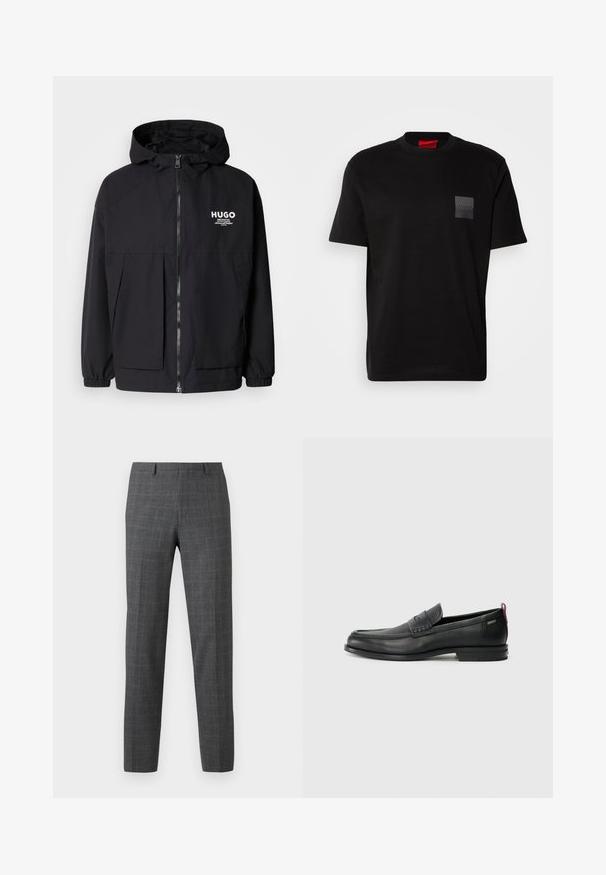 Zwarte hoodie-jack met een volledige rits aan de voorkant, elastische manchetten en twee voorzakken. Gedrukt logo op de linkerborst. Glad textuur.; Zwart katoenen T-shirt met een ronde hals, met een gestructureerde zwarte patch met logo op de linkerborst. Korte mouwen en een ontspannen pasvorm.; Grijze geruite broeken met een getailleerde pasvorm, voorzien van een soepele textuur, rechte pijpen en subtiele stikdetails.; Zwarte leren instappers met een textuur aan de voorkant en gladde zijden. Voorzien van een slanke hak en een lus aan de achterkant voor gemakkelijk aan- en uittrekken. Klassiek ontwerp.