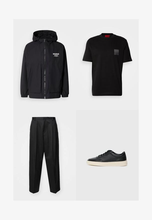 Crna kapuljača s punim prednjim zatvaračem, elastičnim rukavima i dvostrukim prednjim džepovima. Ispisani logo na lijevoj strani prsnog koša. Glatka tekstura.; Crna pamučna majica s okruglim izrezom, s teksturiranim crnim logotipom na lijevoj prednjoj strani. Kratki rukavi i opušteni kroj.; Crne krojene hlače visokog struka, širokih nogavica i oštrim pregibima. Izrađene od glatkog materijala s petljama za pojas i bez vidljivih metalnih dijelova.; Crne niske kožne tenisice s crnim vezicama i kremasto bijelom potplatom prikazane u bočnom profilu na bijeloj pozadini.