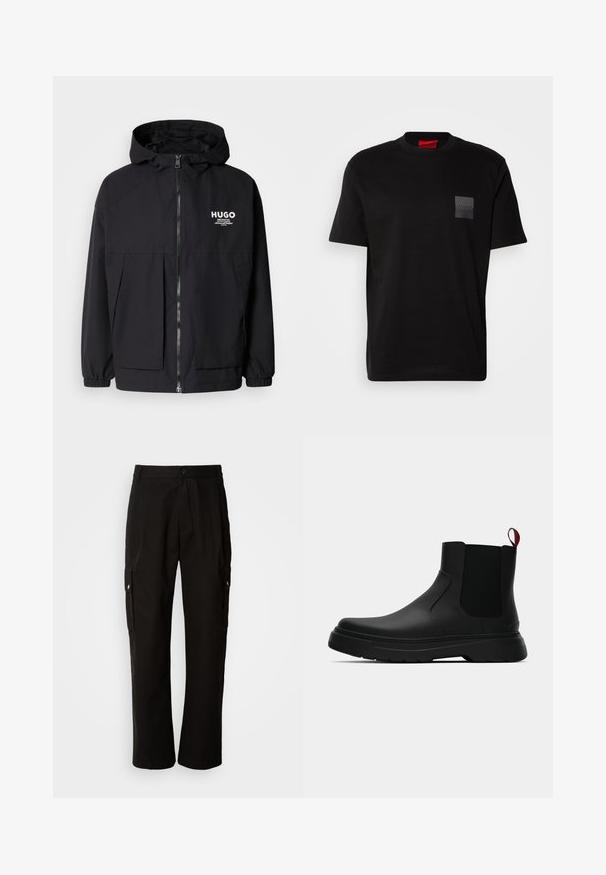 Svart huva jacka med full dragkedja fram, elastiska ärmslut och dubbla framfickor. Tryckt logotyp på vänster bröst. Slät textur.; Svart bomullströja med rund halsringning, med en texturerad svart lappar med logo på vänster bröst. Korta ärmar och avslappnad passform.; Svarta cargobyxor i bomull med avslappnad passform, utrustade med sidofickor, knapplås och raka ben. Enkelt design utan mönster.; Svarta ankelstövlar med en slät yta, elastiska sidopaneler och en kontrasterande röd dragflik, med en tjock gummisula och rund tå.