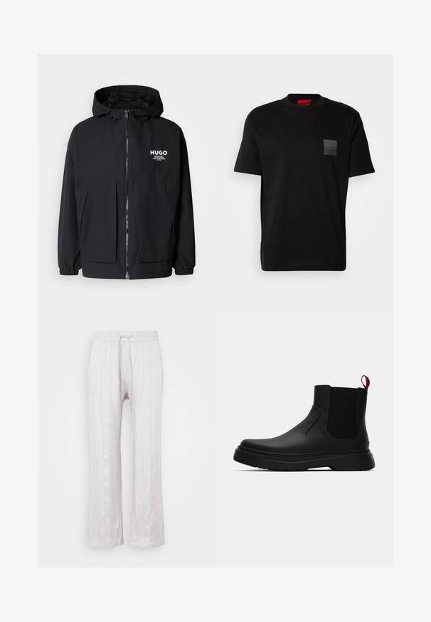 Black hooded jacket featuring a full front zip, elastic cuffs, and dual front pockets. Printed logo on the left chest. Smooth texture.; Black cotton T-shirt with a crew neck, featuring a textured black patch with logo on the left chest. Short sleeves and relaxed fit.; Light grey, loose-fit pants in smooth fabric with an elastic waistband and drawstring. Straight legs with subtle pleats, no visible patterns.; Black ankle boot with a smooth finish, elastic side panels, and a contrasting red pull tab, featuring a thick rubber sole and rounded toe.