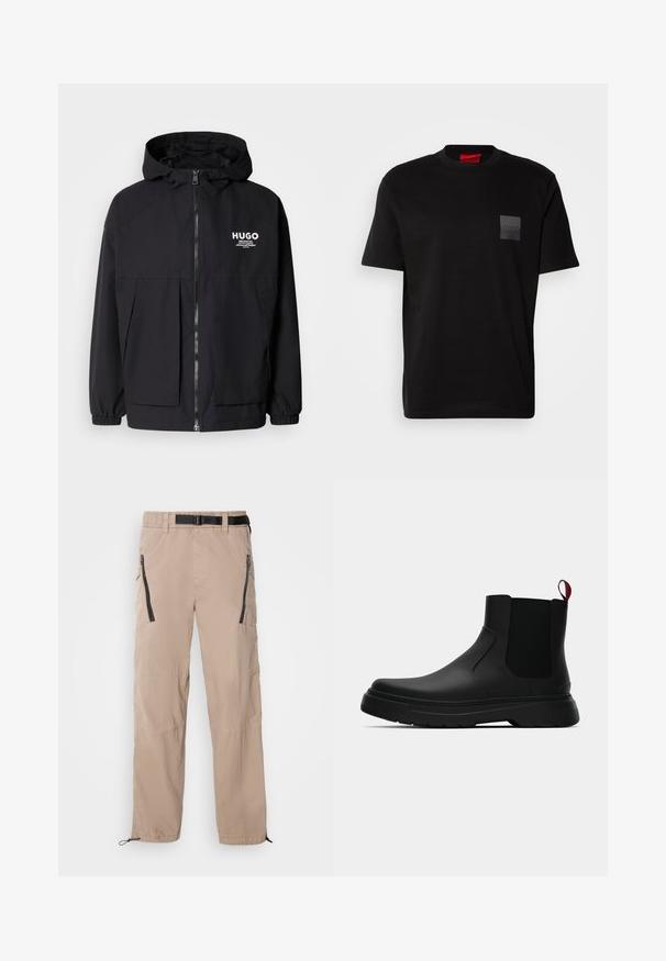 Czarna kurtka z kapturem z pełnym zamkiem z przodu, elastycznymi mankietami i podwójnymi kieszeniami z przodu. Drukowane logo na lewej piersi. Gładka faktura.; Czarny bawełniany T-shirt z okrągłym dekoltem, z teksturowaną czarną naszywką z logo na lewej piersi. Krótkie rękawy i luźny krój.; Beżowe, lekkie spodnie z elastycznym paskiem i czarnym paskiem, z kieszeniami na zamek oraz regulowanymi mankietami. Gładka tekstura materiału.; Czarny botek za kostkę o gładkim wykończeniu, z elastycznymi bocznymi panelami i kontrastującą czerwoną pętelką, z grubą gumową podeszwą i zaokrąglonym noskiem.