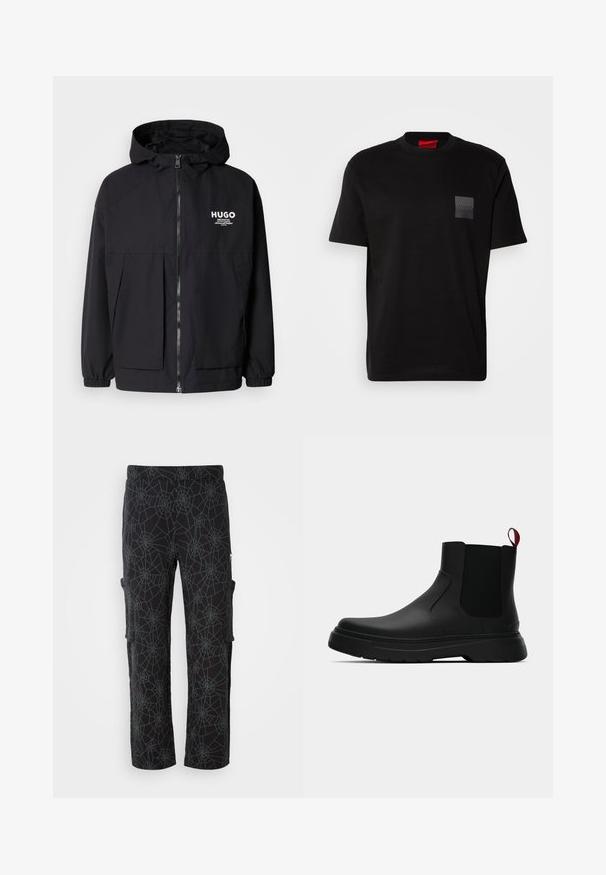 Melnā kapuce jaka ar pilnu priekšējo rāvējslēdzēju, elastīgām piedurknēm un divām priekšējām kabatām. Izdrukāts logo kreisajā krūtī. Gluda tekstūra.; Melnas kokvilnas T-kreklu ar apaļu kakla izgriezumu, ar strukturētu melnu uzšuvi ar logotipu kreisajā krūtī. Īsās piedurknes un brīvs piegriezums.; Melnbalti cargos bikses ar tumši pelēku zirneklim līdzīgu rakstu; tām ir sānu kabatas un brīva piegriezuma taisnas kājas dizains.; Melnas potītes ar gludu apdari, elastīgiem sānu paneļiem un kontrastējošu sarkano cilpu, aprīkotas ar biezu gumijas zoli un noapaļotu purngalu.