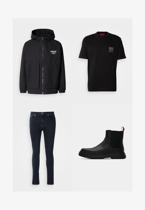 Crna kapuljača s punim prednjim zatvaračem, elastičnim rukavima i dvostrukim prednjim džepovima. Ispisani logo na lijevoj strani prsnog koša. Glatka tekstura.; Crna pamučna majica s okruglim izrezom, s teksturiranim crnim logotipom na lijevoj prednjoj strani. Kratki rukavi i opušteni kroj.; Tamno plave traperice uskog kroja, sa kopčanjem na dugme, pet džepova i diskretnim detaljima šivanja.; Crni gležnjači s glatkom površinom, elastičnim bočnim panelima i kontrastnom crvenom vučnom petljom, s debelim gumenim potplatom i zaobljenim vrhom.