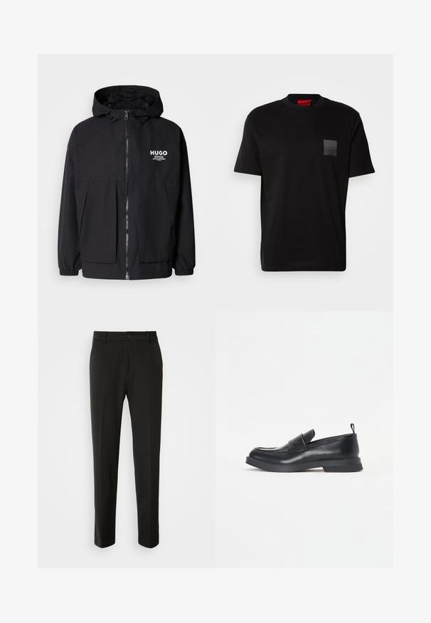 Črna kapuca jakna z full front zadrgo, elastičnimi manšetami in dvema sprednjima žepoma. Natisnjena logo na levi prsni strani. Gladka tekstura.; Črna bombažna majica s kratkimi rokavi in okroglim ovratnikom, z označeno teksturirano črno nalepko na levem prsnem delu. Ohlapen kroj.; Črne hlače iz gladkega materiala, s straight nogavicami, z gumbom za zapiranje in klasičnim dizajnom, primerne za formalne ali sproščene priložnosti.; Črne usnjene loafersice z zaobljenim nosom, sprednjim pasom in nizkim gumijastim podplatom. Imajo subtilno šivanje in zadnji trak za omogočanje obuvanja.