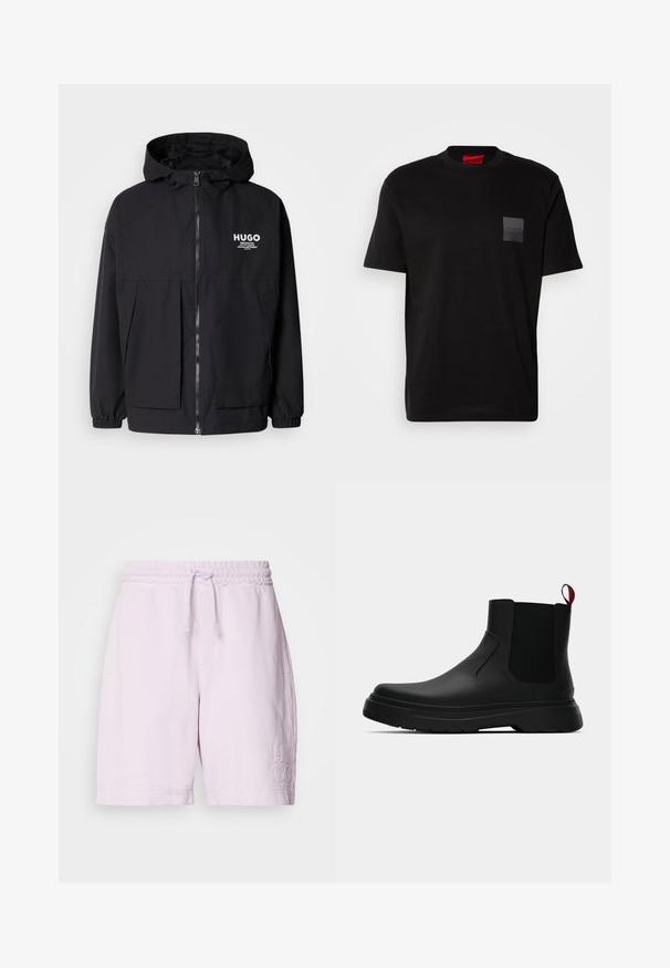Veste à capuche noire avec zip frontal complet, poignets élastiques et poches avant doubles. Logo imprimé sur la poitrine gauche. Texture lisse.; T-shirt en coton noir à col rond, avec un patch texturé noir portant un logo sur la poitrine gauche. Manches courtes et coupe décontractée.; Shorts en coton rose avec une taille élastique et un cordon de serrage, dotés de poches avant et d'un logo "HUGO" brodé sur la jambe gauche.; Bottines noires avec une finition lisse, des panneaux latéraux élastiques et une languette rouge contrastante, présentant une semelle en caoutchouc épaisse et un bout arrondi.