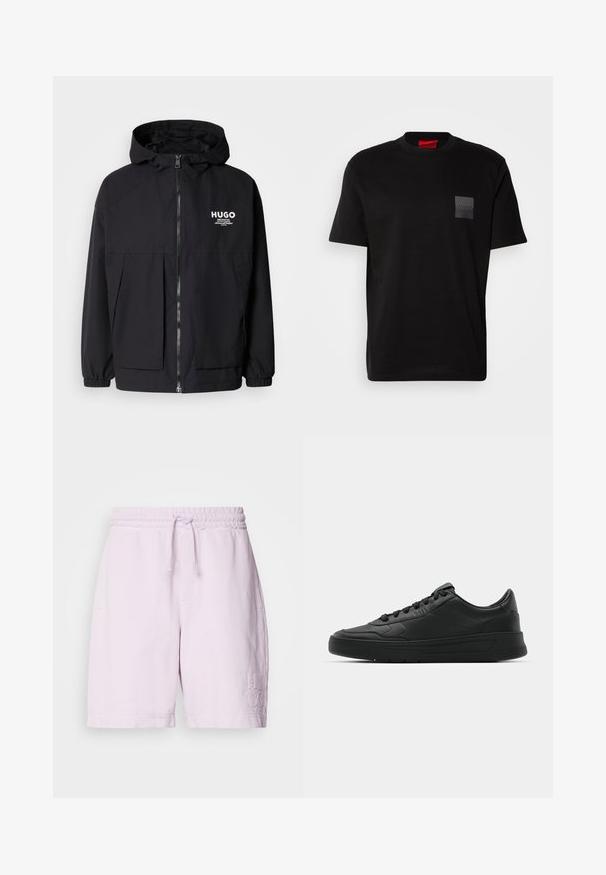 Crna kapuljača s punim prednjim zatvaračem, elastičnim rukavima i dvostrukim prednjim džepovima. Ispisani logo na lijevoj strani prsnog koša. Glatka tekstura.; Crna pamučna majica s okruglim izrezom, s teksturiranim crnim logotipom na lijevoj prednjoj strani. Kratki rukavi i opušteni kroj.; Roze pamučne šorts hlače s elastičnom trakom i vezicom, s prednjim džepovima i izvezenim "HUGO" logotipom na lijevoj nozi.; Crne tenisice s glatkom kožnom gornjištem, okruglim vrhom, ravnim vezicama, podstavljenim ovratnikom i minimalističkim dizajnom. Gumeni potplat s suptilnim uzorkom.