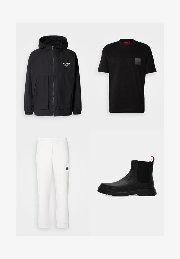 Zwarte hoodie-jack met een volledige rits aan de voorkant, elastische manchetten en twee voorzakken. Gedrukt logo op de linkerborst. Glad textuur.; Zwart katoenen T-shirt met een ronde hals, met een gestructureerde zwarte patch met logo op de linkerborst. Korte mouwen en een ontspannen pasvorm.; Witte sweatpants met elastische tailleband, taps toelopende benen, textuurstof en een reliëf "HUGO" logo op de linker dij.; Zwarte enkelboot met een gladde afwerking, elastische zijpanelen en een contrasterende rode treklus, met een dikke rubberen zool en een afgeronde teen.
