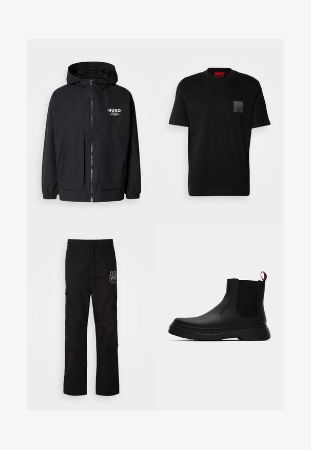 Svart hettegenser med full frontglidelås, elastiske mansjetter og doble frontlommer. Trykt logo på venstre bryst. Glatt tekstur.; Svart bomull T-skjorte med rund hals, med et teksturert svart merke med logo på venstre bryst. Korte ermer og avslappet passform.; Svarte cargobukser med trekksnøre i midjen, sidelommer og en grafisk logodetalj på venstre ben. Laget av slitesterkt stoff.; Sorte ankelstøvler med en glat overflade, elastiske sidepaneler og en kontrastfyldt rød trækflik, med en tykk gummisål og rund tå.
