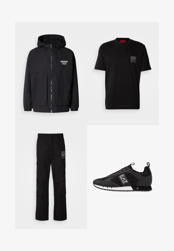 Czarna kurtka z kapturem z pełnym zamkiem z przodu, elastycznymi mankietami i podwójnymi kieszeniami z przodu. Drukowane logo na lewej piersi. Gładka faktura.; Czarny bawełniany T-shirt z okrągłym dekoltem, z teksturowaną czarną naszywką z logo na lewej piersi. Krótkie rękawy i luźny krój.; Czarne spodnie cargo z regulowanym paskiem w talii na sznurek, kieszeniami po bokach oraz graficznym logo na lewej nogawce. Wykonane z trwałej tkaniny.; EA7 Emporio Armani BLACK&WHITE LACES czarny