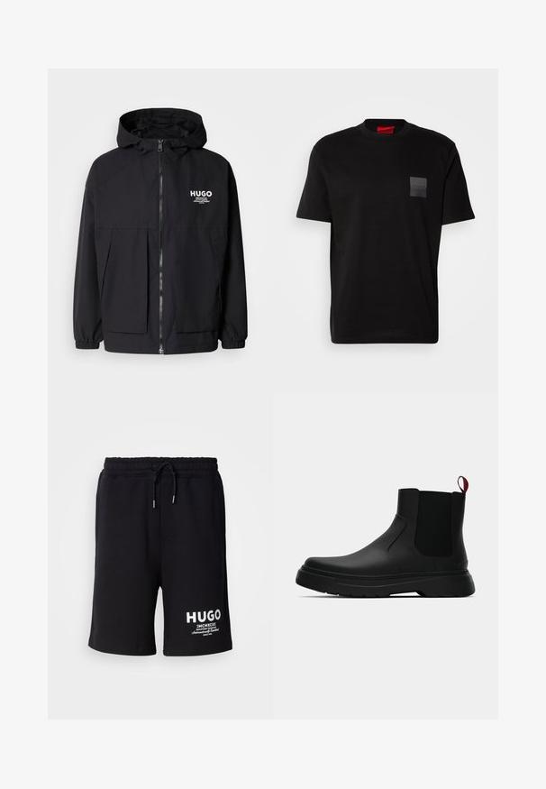 Juodas gobtuvas striukė su pilnu priekiniu užtrauktuku, elastinėmis rankovėmis ir dviem priekinėmis kišenėmis. Spausdintas logo ant kairės krūtinės. Lygus tekstūruotas paviršius.; Juodas medvilnės marškinėliai su apvalia iškirpte, su tekstūruotu juodu uždėklu su logotipu kairėje krūtinės pusėje. Trumpomis rankovėmis ir laisvu fasonu.; Juodi medvilniniai šortai su elastinga juosmens juosta ir raišteliu. Baltas "HUGO" logotipas kairėje kojoje. Paprastas dizainas, iki kelių ilgio.; Juodas kulkšninis batas su lygiu paviršiumi, elastiniais šonų intarpais ir kontrastingu raudonu kilimėliu, turintis storą guminį pado ir apvalią nosį.