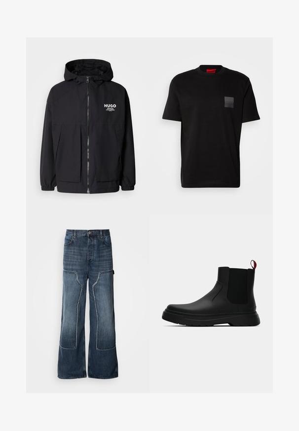 Black hooded jacket featuring a full front zip, elastic cuffs, and dual front pockets. Printed logo on the left chest. Smooth texture.; Black cotton T-shirt with a crew neck, featuring a textured black patch with logo on the left chest. Short sleeves and relaxed fit.; Baggy blue denim pants with wide legs, featuring patchwork detailing, contrast stitching, large side pockets, and a button closure.; Black ankle boot with a smooth finish, elastic side panels, and a contrasting red pull tab, featuring a thick rubber sole and rounded toe.