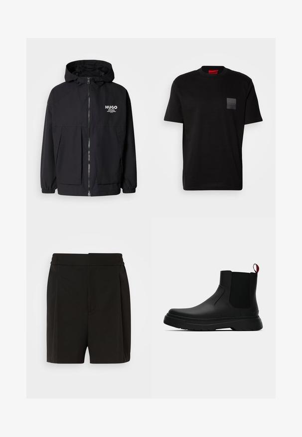 Veste à capuche noire avec zip frontal complet, poignets élastiques et poches avant doubles. Logo imprimé sur la poitrine gauche. Texture lisse.; T-shirt en coton noir à col rond, avec un patch texturé noir portant un logo sur la poitrine gauche. Manches courtes et coupe décontractée.; Shorts noirs en tissu lisse, avec un design à front plissé et une taille élastique. Les jambes droites offrent une coupe décontractée.; Bottines noires avec une finition lisse, des panneaux latéraux élastiques et une languette rouge contrastante, présentant une semelle en caoutchouc épaisse et un bout arrondi.