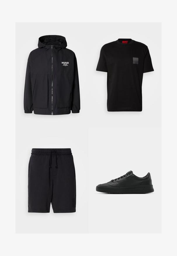 Giacca nera con cappuccio caratterizzata da una zip frontale completa, polsini elasticizzati e due tasche frontali. Logo stampato sul lato sinistro del petto. Texture liscia.; Maglietta nera in cotone con scollo rotondo, caratterizzata da un'etichetta nera testurizzata con logo sul lato sinistro del petto. Maniche corte e vestibilità rilassata.; Pantaloni corti neri in cotone con vita elastica e coulisse. Presentano tasche laterali e un logo impresso in modo discreto sulla gamba sinistra.; Sneaker nera con tomaia in pelle liscia, punta rotonda, lacci piatti, collare imbottito e design minimalista. Suola in gomma con un delicato motivo a rilievo.