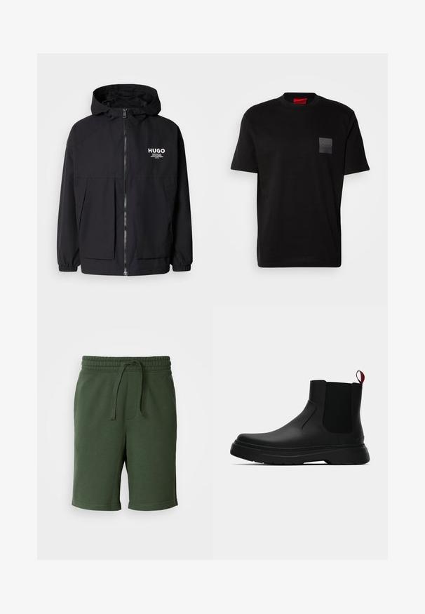 Veste à capuche noire avec zip frontal complet, poignets élastiques et poches avant doubles. Logo imprimé sur la poitrine gauche. Texture lisse.; T-shirt en coton noir à col rond, avec un patch texturé noir portant un logo sur la poitrine gauche. Manches courtes et coupe décontractée.; Shorts vert foncé avec une taille élastique, détail de cordon de serrage, poches et un tissu doux en mélange de coton. Longueur mi-cuisse.; Bottines noires avec une finition lisse, des panneaux latéraux élastiques et une languette rouge contrastante, présentant une semelle en caoutchouc épaisse et un bout arrondi.